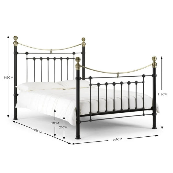 Wrought iron bed with dimensions labeled on a white background