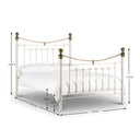 White metal bed with dimensions marked on a white background