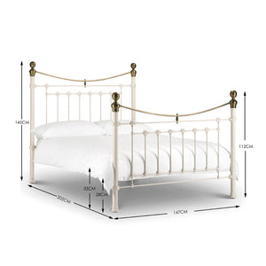 White metal bed with dimensions marked on a white background
