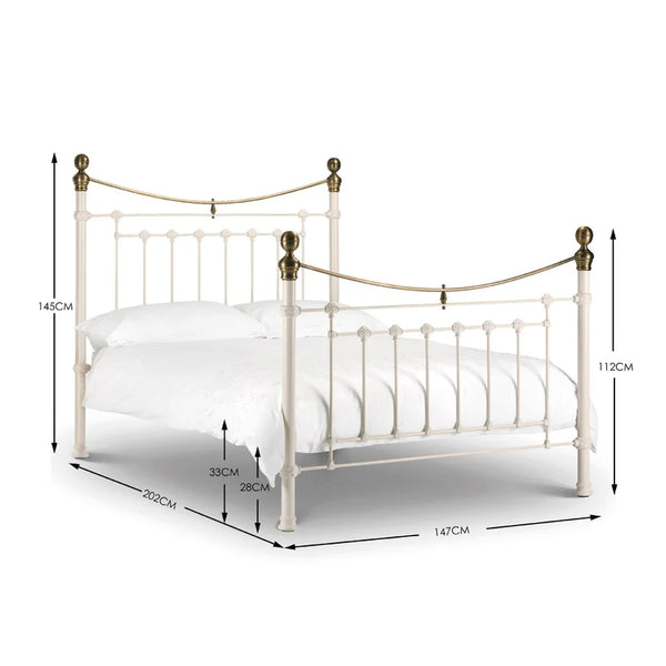 White metal bed with dimensions marked on a white background