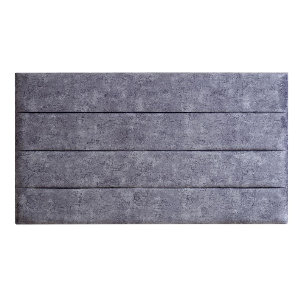 Gray upholstered headboard with a textured finish on a white background
