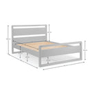 Grey bed frame with wooden slats and dimensions labeled on a white background