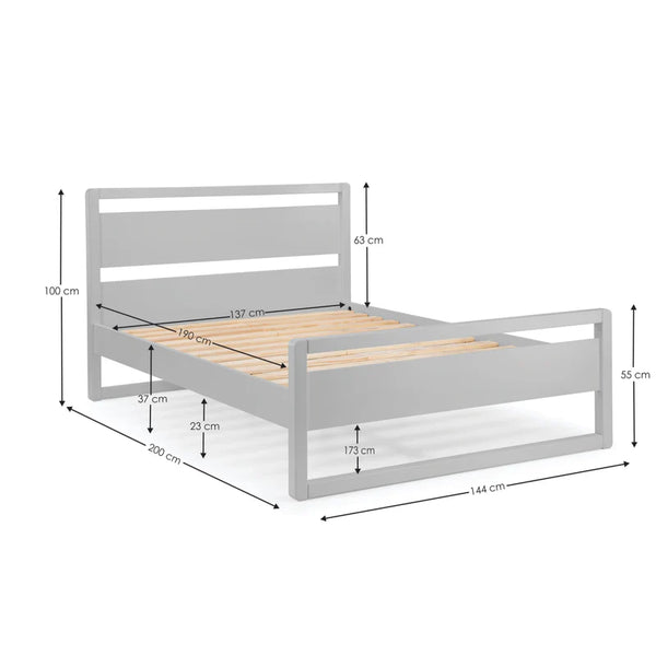 Grey bed frame with wooden slats and dimensions labeled on a white background