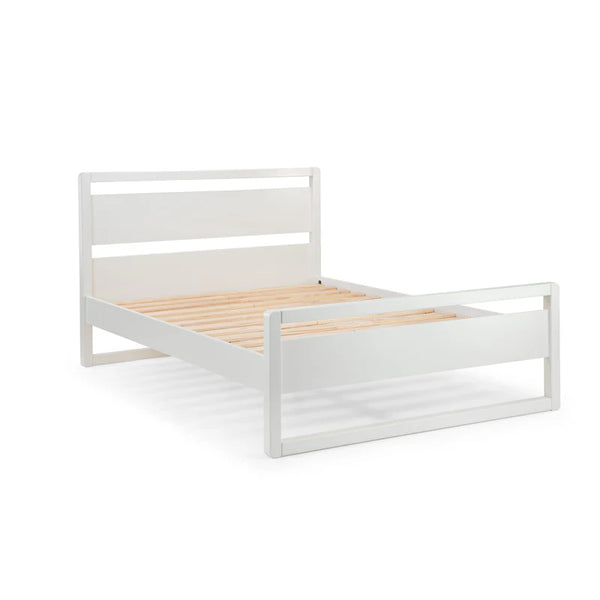 White bed frame with wooden slats on a white background