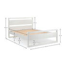 White bed frame with wooden slats and dimensions labeled on a white background