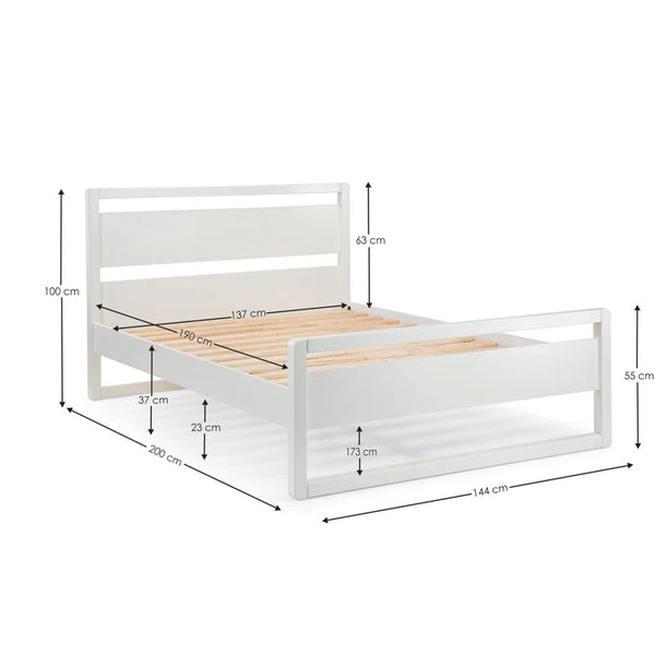 White bed frame with wooden slats and dimensions labeled on a white background