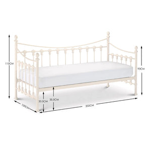 White metal daybed with dimensions indicated on a white background