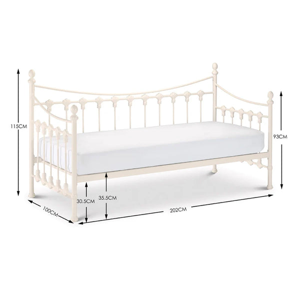 White metal daybed with dimensions indicated on a white background