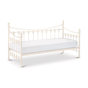 White metal bed frame with a mattress on a white background