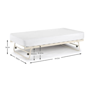 White bed with dimensions labeled on a white background