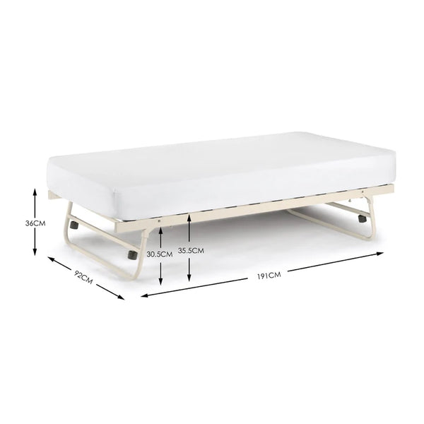White bed with dimensions labeled on a white background