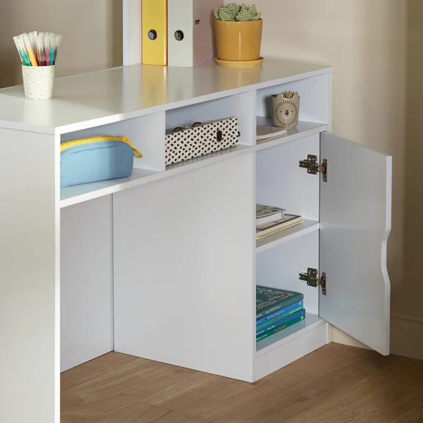 White storage cabinet with open doors showing books and other items on a wooden floor.