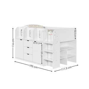 White children's bed with measurements on a white background
