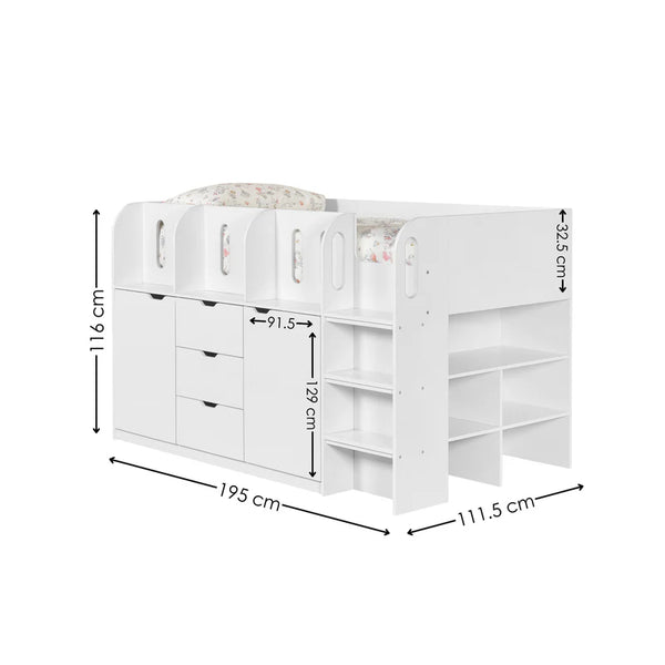 White children's bed with measurements on a white background