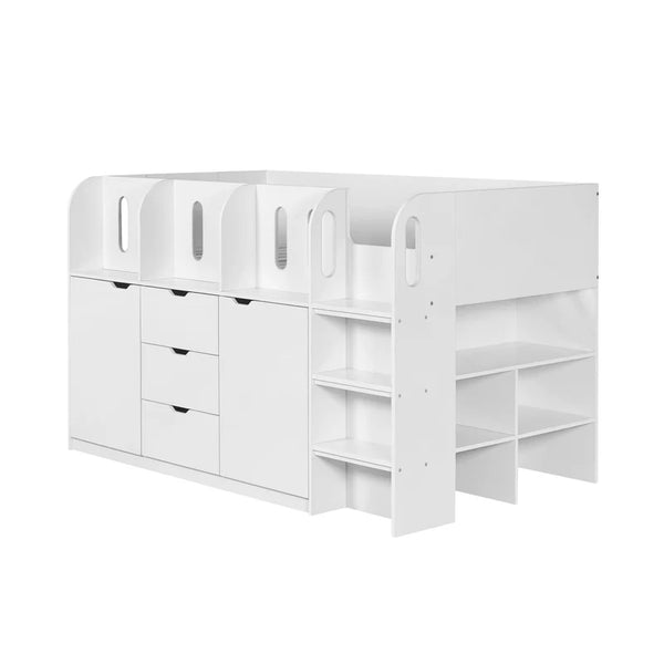 White children's bed with storage drawers on a white background