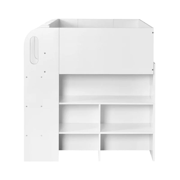 White children's bed with storage compartments on a white background