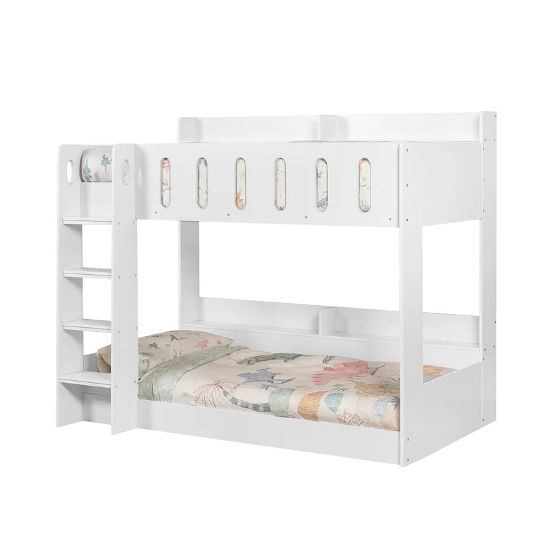 White bunk bed with floral bedding on a white background