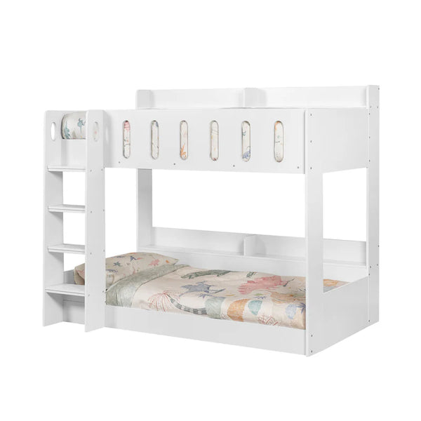 White bunk bed with floral bedding on a white background