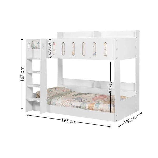 White bunk bed with floral bedding, dimensions indicated on a white background