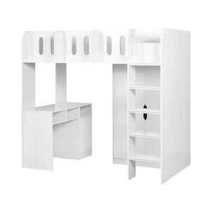 White loft bed with desk and bookshelf on a white background
