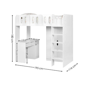 White loft bed with measurements on a white background
