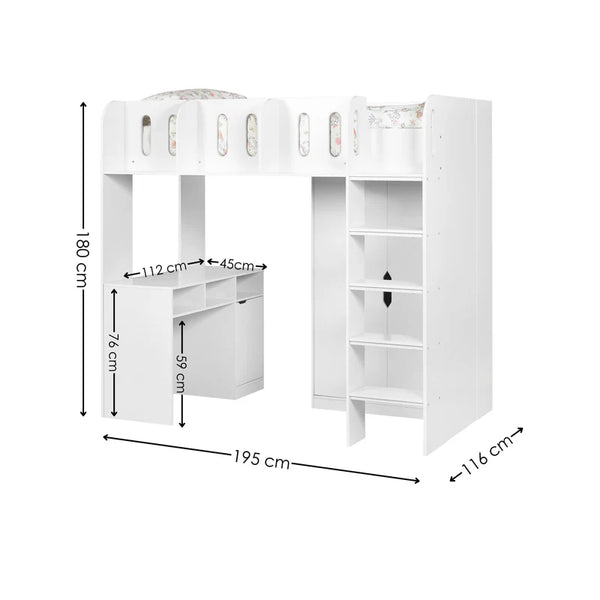 White loft bed with measurements on a white background