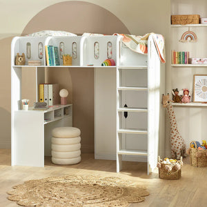 Children's room with a white loft bed, desk, and toys.