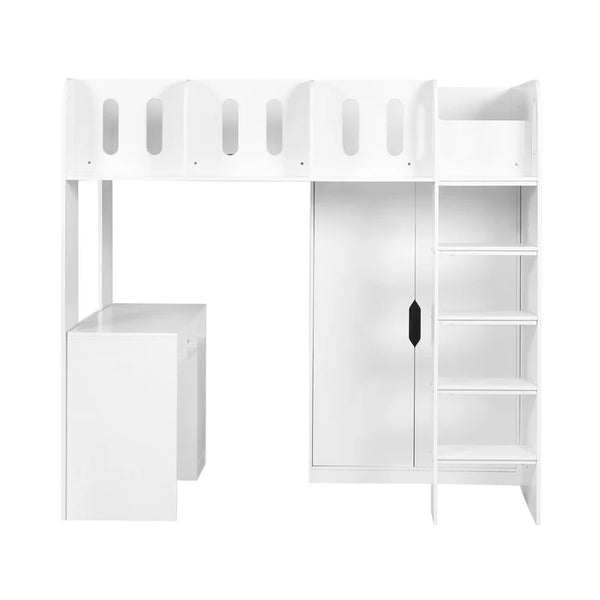 White loft bed with desk and bookshelf on a white background