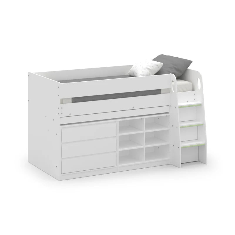 White children's bed with storage compartments on a white background