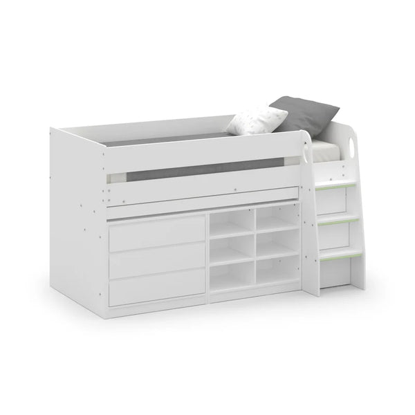 White children's bed with storage compartments on a white background