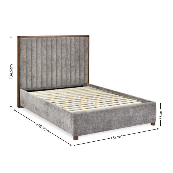 Gray upholstered bed with dimensions marked on a white background