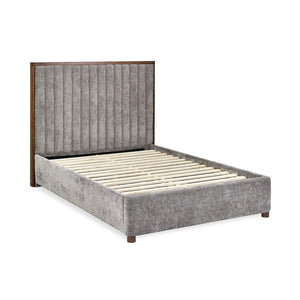 Gray upholstered bed with wooden frame on a white background