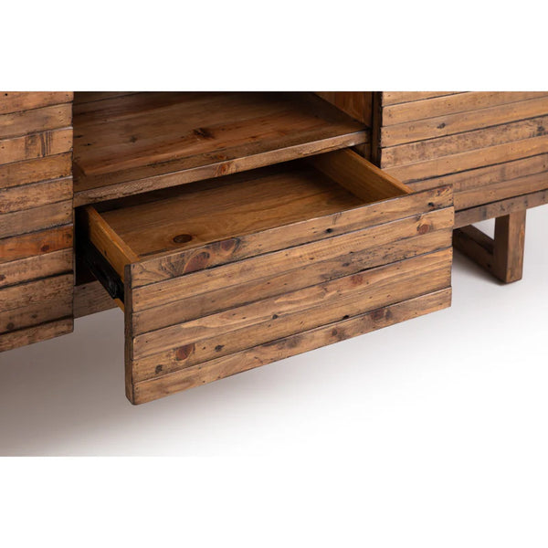 Wooden drawer unit with a drawer open on a white background