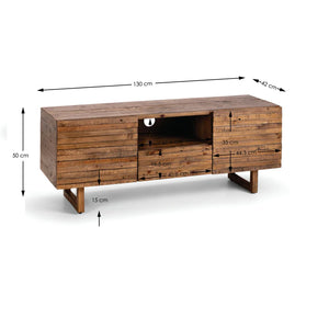Wooden TV stand with dimensions on a white background