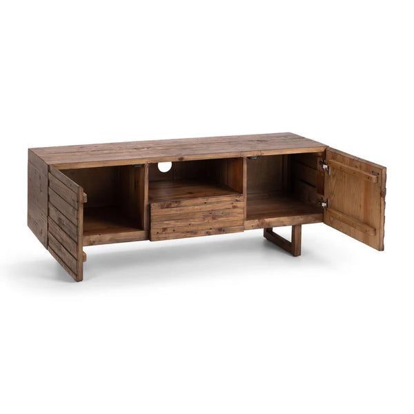 Wooden entertainment console with open doors on a white background
