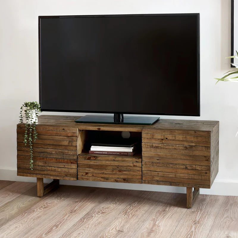 Wooden TV stand with a white background