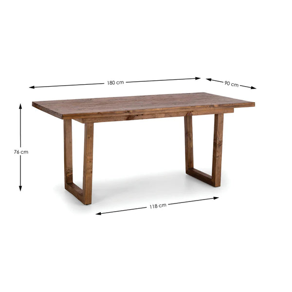 Wooden dining table with dimensions labeled on a white background