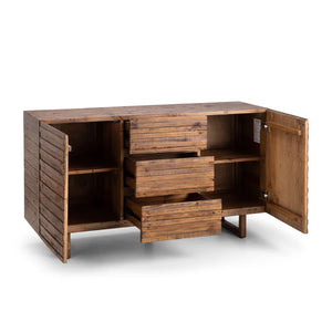 Wooden sideboard with open doors on a white background