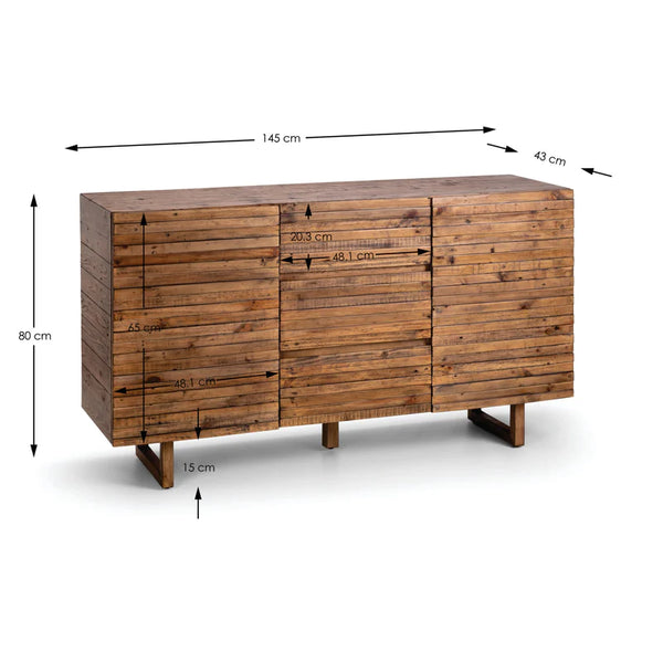 Wooden sideboard with dimensions indicated on a white background