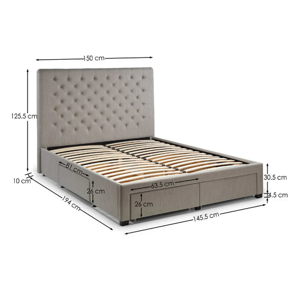 Gray upholstered bed with dimensions labeled on a white background