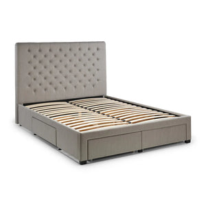 Gray upholstered bed with tufted headboard and wooden slats on a white background
