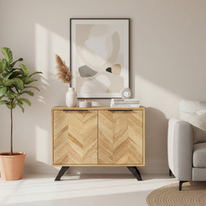 Wooden sideboard with chevron pattern on a white background