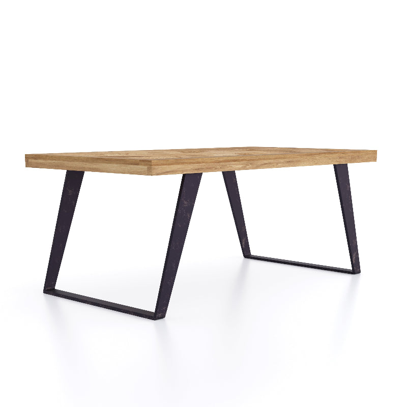 Wooden coffee table with black metal legs on a white background