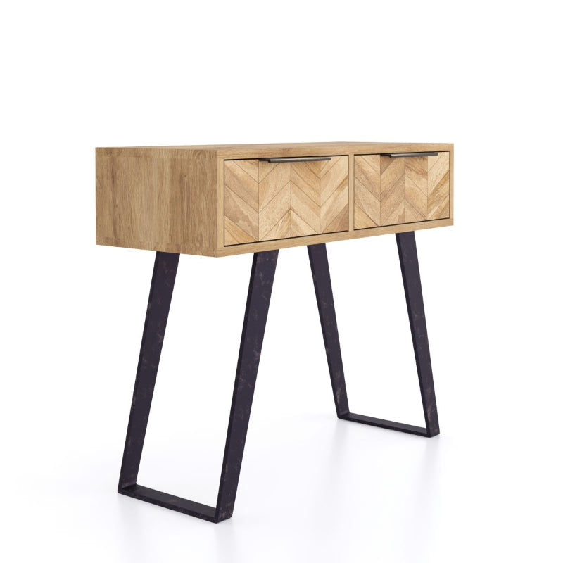 Wooden console table with black metal legs on a white background