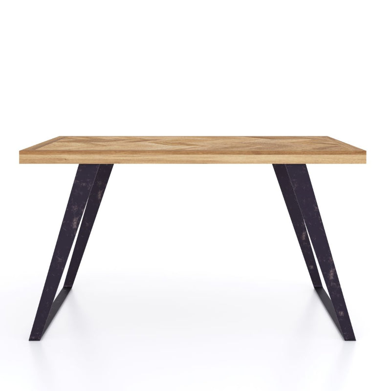 Wooden table with black metal legs on a white background