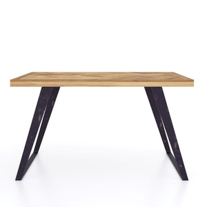 Wooden table with black metal legs on a white background