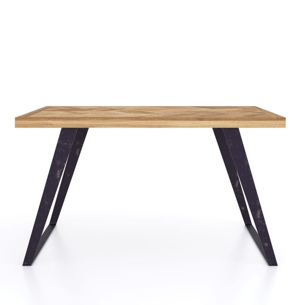 Wooden table with black metal legs on a white background