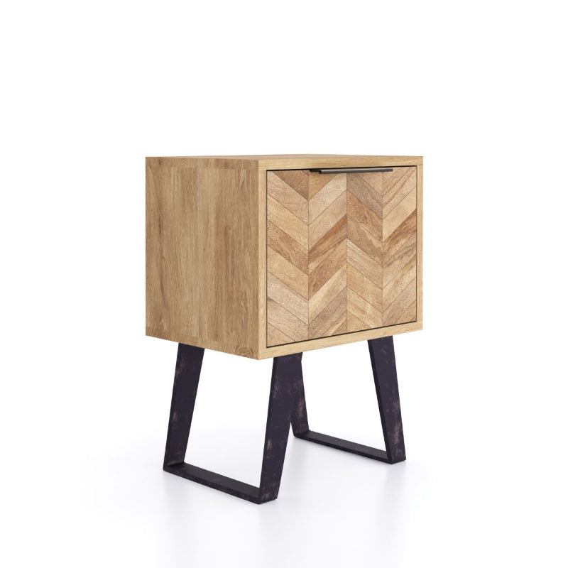 Wooden side table with chevron pattern and black metal legs on a white background