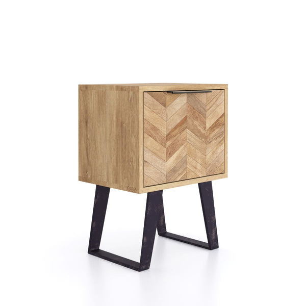 Wooden side table with chevron pattern and black metal legs on a white background