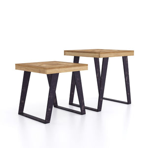 Two wooden tables with black metal legs on a white background